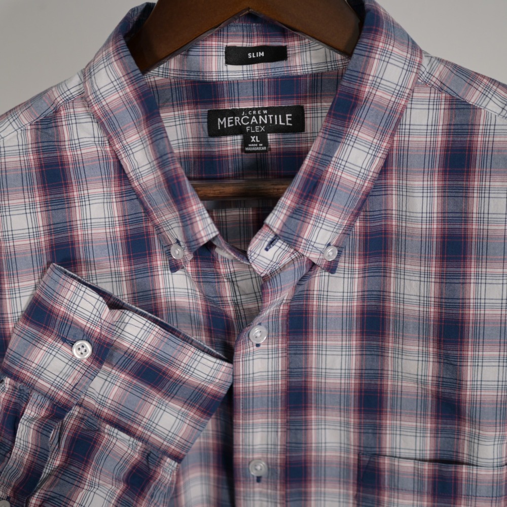 J.Crew‎ Mercantile Flex Mens XL Slim Fit Plaid Navy Red White 4th of July Summer